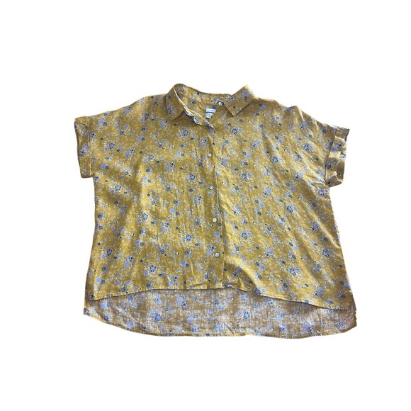 Rachel Zoe Women’s Boxy Button Up Shirt L 100% Linen Yellow Blue Cottagecore - Picture 4 of 7